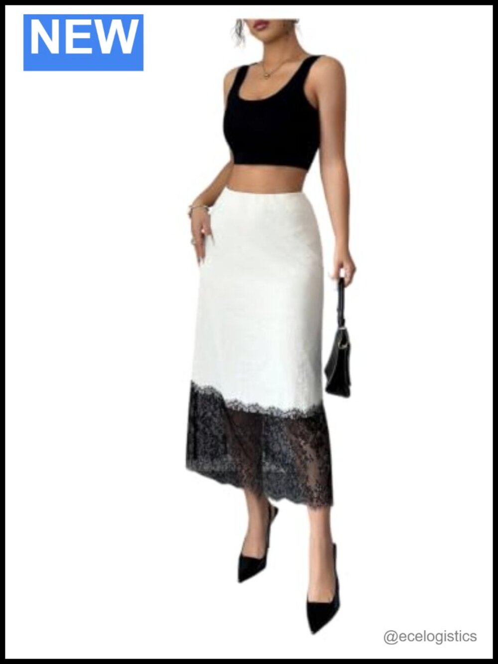 Elegant Midi Skirt Lace Trim Elastic Waist Straignt Skirt